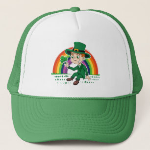 Cute cartoon leprechaun with shamrock and rainbow trucker hat