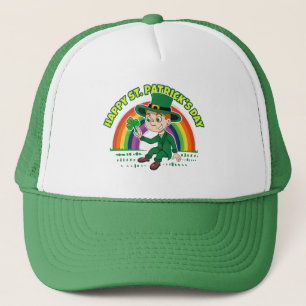 Cute cartoon leprechaun with shamrock and rainbow trucker hat