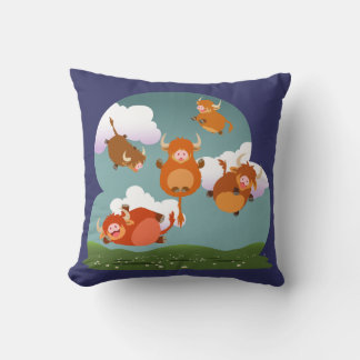 Cute Cartoon Levitating Highland Cows Pillow