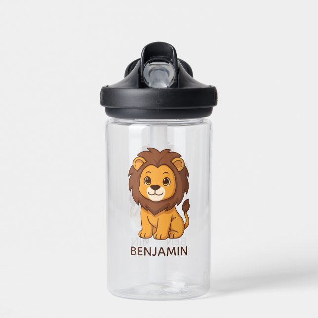 Cute Cartoon Lion Custom Name Water Bottle (Front)