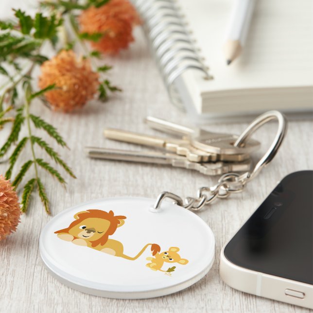 Cute Cartoon Lion Dad and Cub Keychain (Front Right)