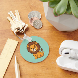 Cute Cartoon Lion on Green Keychain