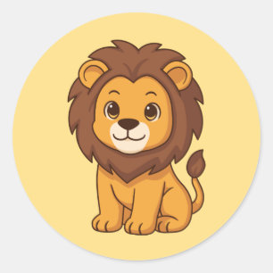Cute Cartoon Lion on Yellow Classic Round Sticker