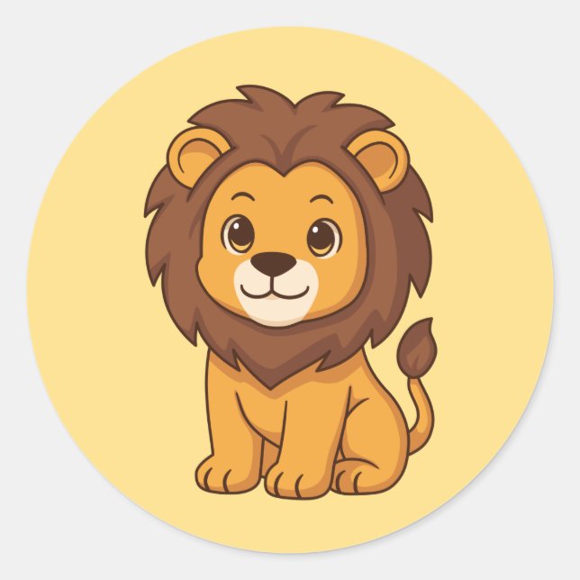 Cute Cartoon Lion on Yellow Classic Round Sticker (Front)