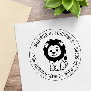 Cute Cartoon Lion Round Address Rubber Stamp