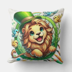 Cute Cartoon Lion with Green Hat Throw Pillow