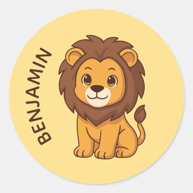 Cute Cartoon Lion Yellow Custom Name Classic Round Sticker (Front)