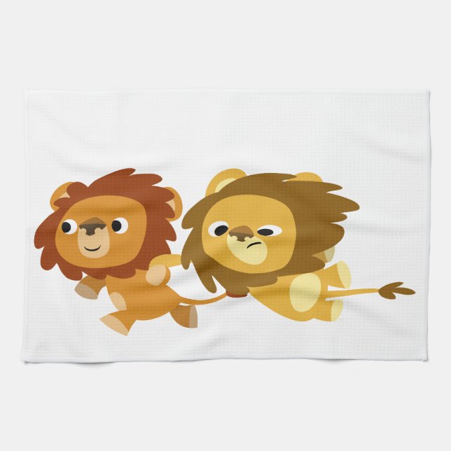 Cute Cartoon Lions in a Hurry Kitchen Towel (Horizontal)