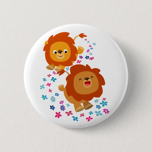Cute Cartoon Lions In The Garden Button Badge (Front)