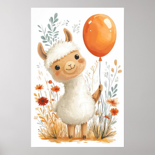 Cute Cartoon Llama Holding Orange Balloon Poster (Front)