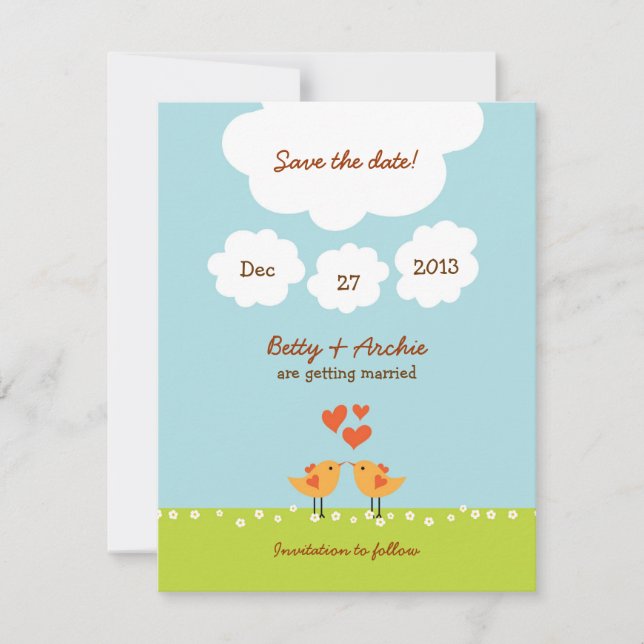 Cute Cartoon Love Birds (Day) Wedding Invitation (Front)