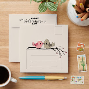Cute Cartoon Lovebirds on branch Valentine’s Day Envelope