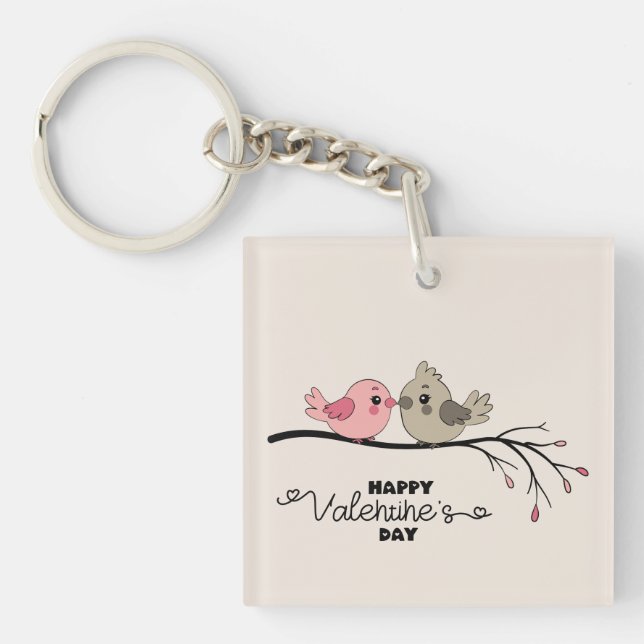 Cute Cartoon Lovebirds on branch Valentine’s Day Keychain (Front)