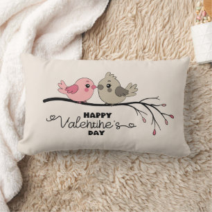 Cute Cartoon Lovebirds on branch Valentine’s Day Lumbar Pillow