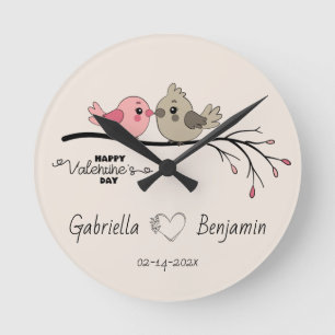 Cute Cartoon Lovebirds on branch Valentine’s Day Round Clock