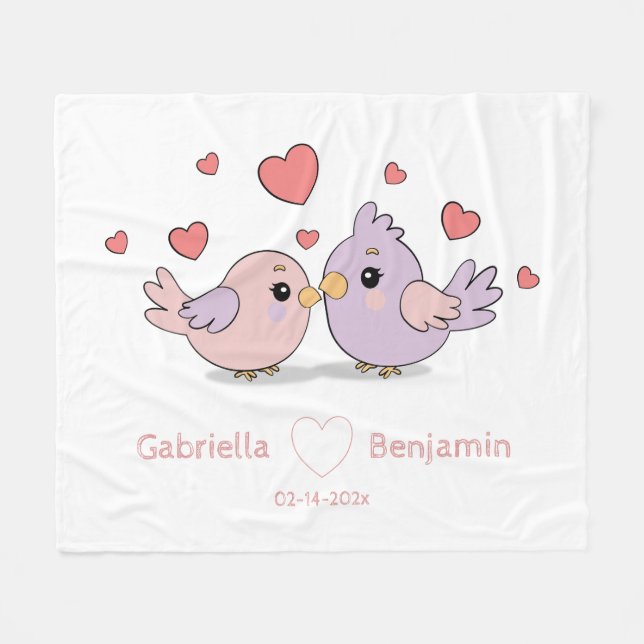 Cute Cartoon Lovebirds Pink Heart Valentine’s Day  Fleece Blanket (Front (Horizontal))