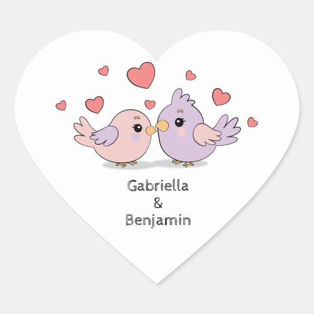 Cute Cartoon Lovebirds Pink Heart Valentine’s Day  Heart Sticker (Front)