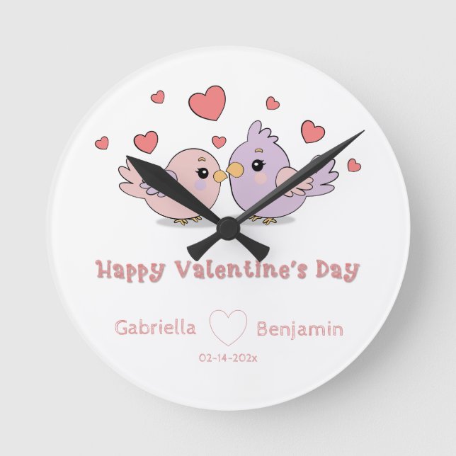 Cute Cartoon Lovebirds Pink Heart Valentine’s Day  Round Clock (Front)