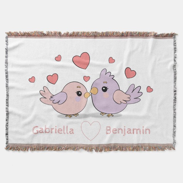 Cute Cartoon Lovebirds Pink Heart Valentine’s Day  Throw Blanket (Front)