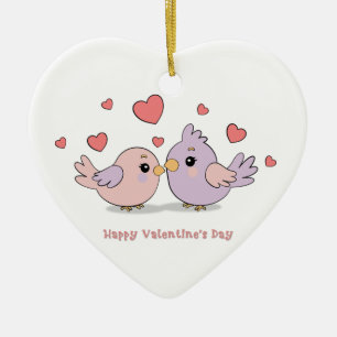 Cute Cartoon Lovebirds Pink Hearts Valentine’s Day Ceramic Ornament