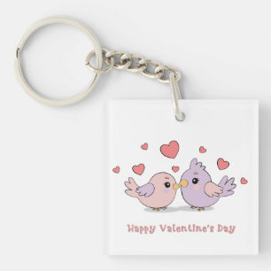 Cute Cartoon Lovebirds Pink Hearts Valentine’s Day Keychain