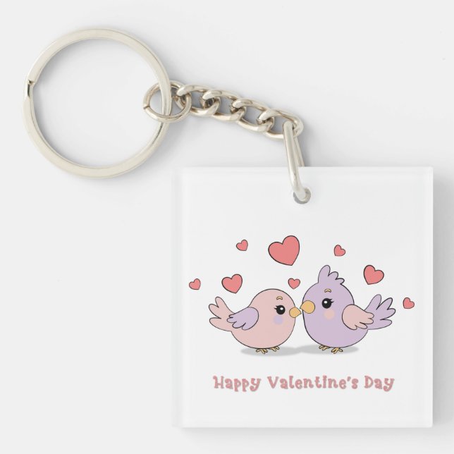 Cute Cartoon Lovebirds Pink Hearts Valentine’s Day Keychain (Front)