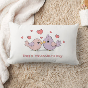 Cute Cartoon Lovebirds Pink Hearts Valentine’s Day Lumbar Pillow