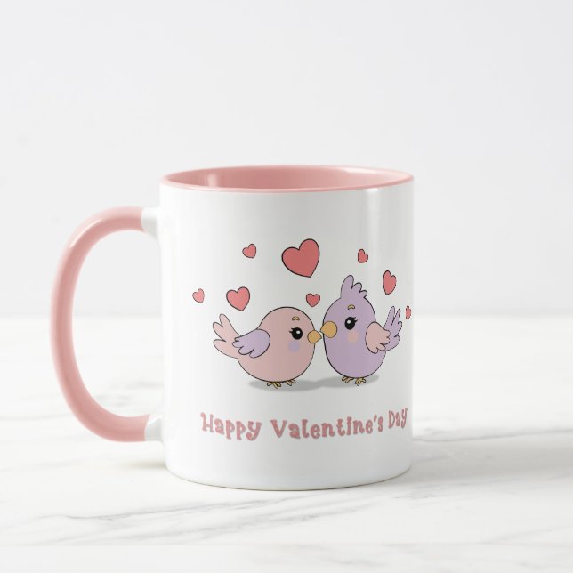 Cute Cartoon Lovebirds Pink Hearts Valentine’s Day Mug (Left)