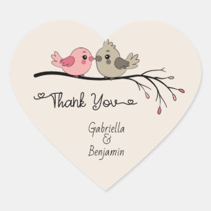 Cute Cartoon Lovebirds  Valentine’s Day Thank You Heart Sticker