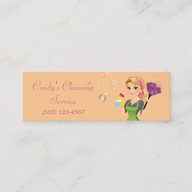 Cute Cartoon Maid House Cleaning Services Mini Business Card (Front)