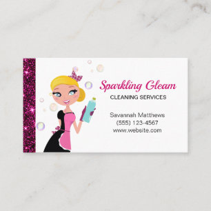Cute Cartoon Maid Sparkle House Cleaning Services Business Card