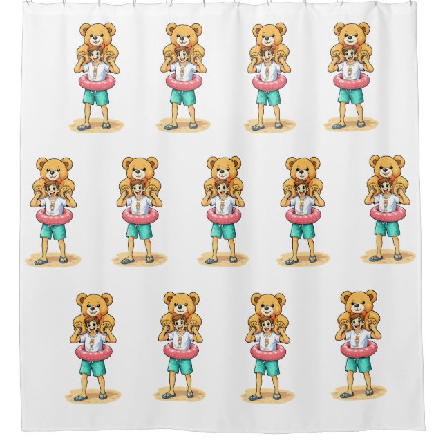 Cute Cartoon Man with Giant Teddy Bear Summer Fun (Front)