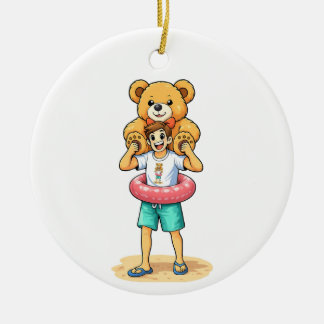 Cute Cartoon Man with Giant Teddy Bear Summer Fun Ceramic Ornament