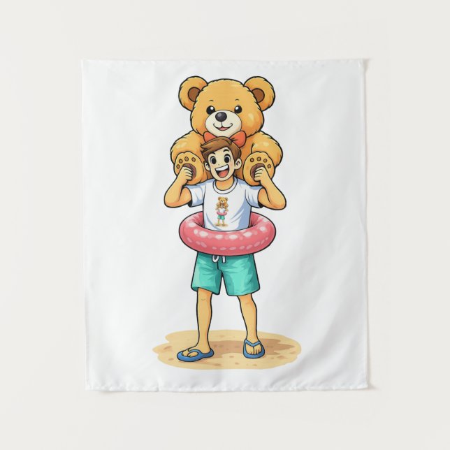 Cute Cartoon Man with Giant Teddy Bear Summer Fun Tapestry (Front)