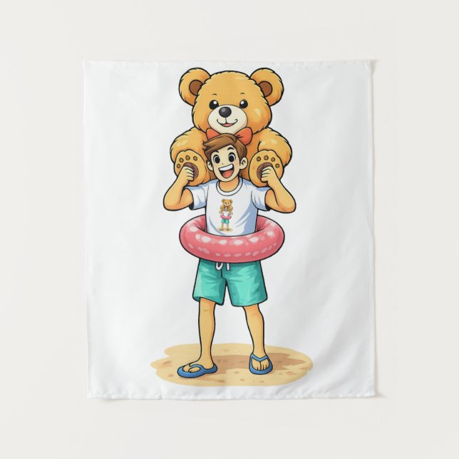 Cute Cartoon Man with Giant Teddy Bear Summer Fun Tapestry (Front)