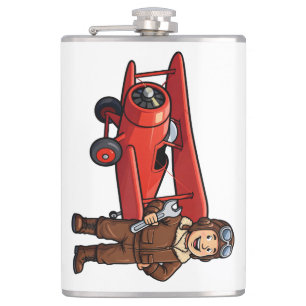 Cute Cartoon Mechanic with Red Car Illustration Hip Flask