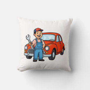 Cute Cartoon Mechanic with Red Car Illustration Throw Pillow