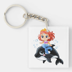 Cute cartoon mermaid and orca T-Shirt Keychain