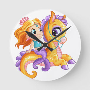 Cute cartoon mermaid on a seahorse T-Shirt Throw P Round Clock