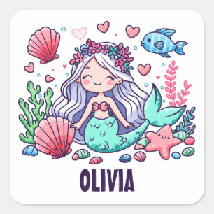 Cute Cartoon Mermaid Personalized  Square Sticker
