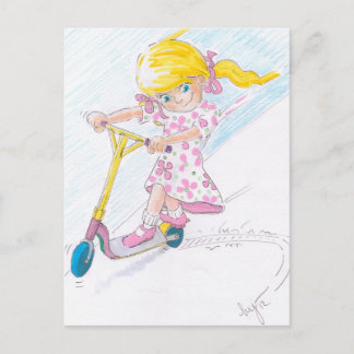Cute Cartoon Microscooter Girl Micro Scooter Postcard
