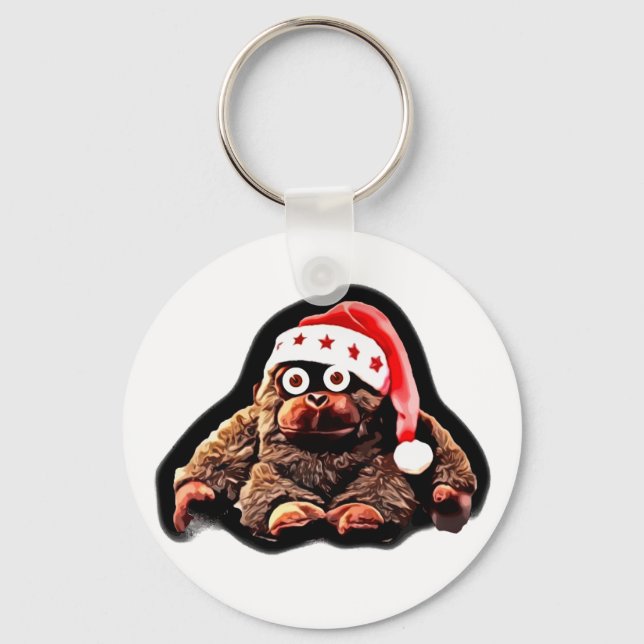 Cute cartoon monkey on santa hat keychain (Front)