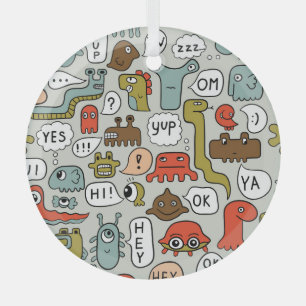 Cute Cartoon Monsters: Seamless Background Glass Ornament
