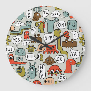 Cute Cartoon Monsters: Seamless Background Large Clock