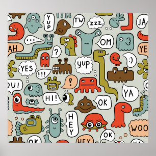 Cute Cartoon Monsters: Seamless Background Poster