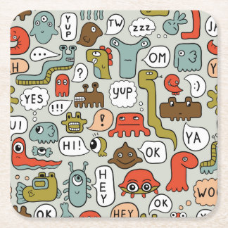 Cute Cartoon Monsters: Seamless Background Square Paper Coaster