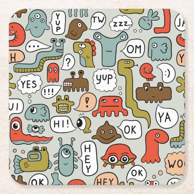 Cute Cartoon Monsters: Seamless Background Square Paper Coaster (Front)