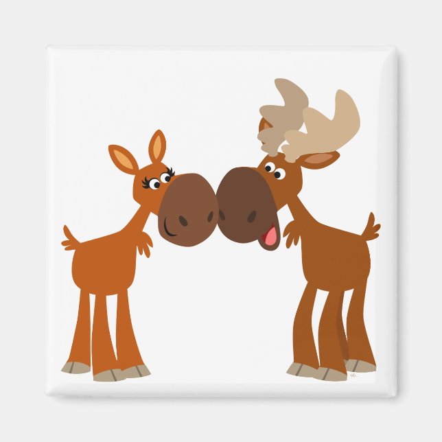 Cute Cartoon Moose Couple in Love Magnet (Front)