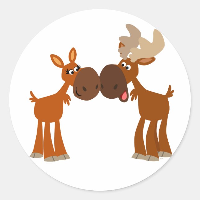 Cute Cartoon Moose Couple in Love Round Sticker (Front)