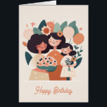 Cute cartoon mother daughter girls. Happy Birthday<br><div class="desc">Cute cartoon mother and daughters family card for birthday.</div>